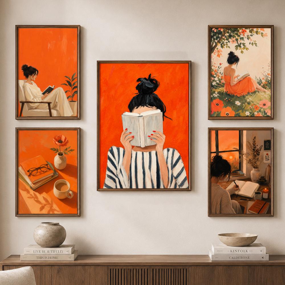 Orange Cozy Women Reading Coff - Home Bathroom Scene review and price